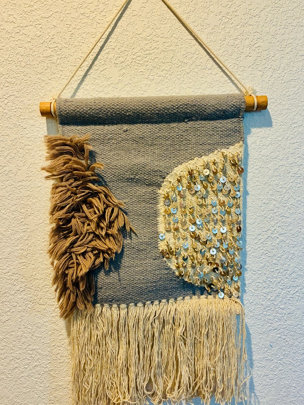 Anthropologie Gray and Beige Sequined Fringe Wall Tapestry